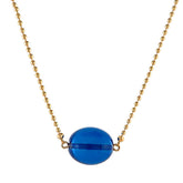 Blue Amber Olive Bead Pendant & Chain Necklace 14K Gold Plated